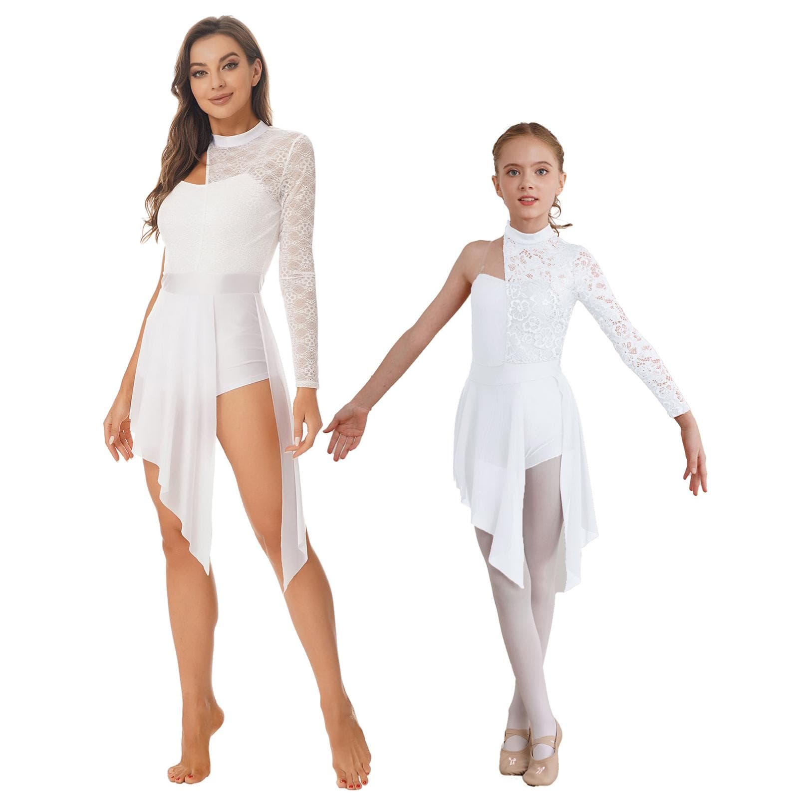Women Lyrical Dance Dress One Shoulder Contemporary Ballet Costume Asymmetric Hem Leotard Dress XL white