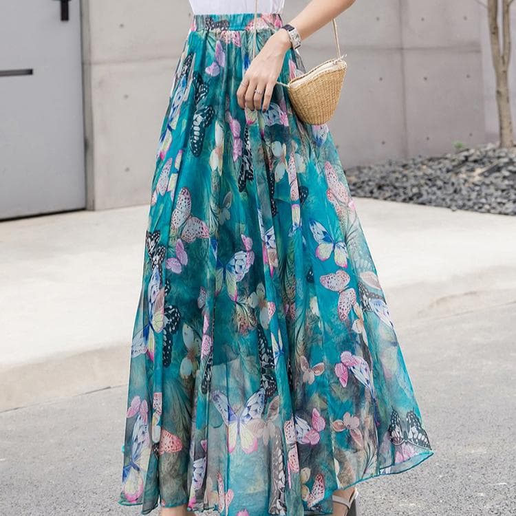 Women Chiffon Half-body Dress 2025 Spring Summer New Floral Half-body Vacation Style Beach Skirt L dark green