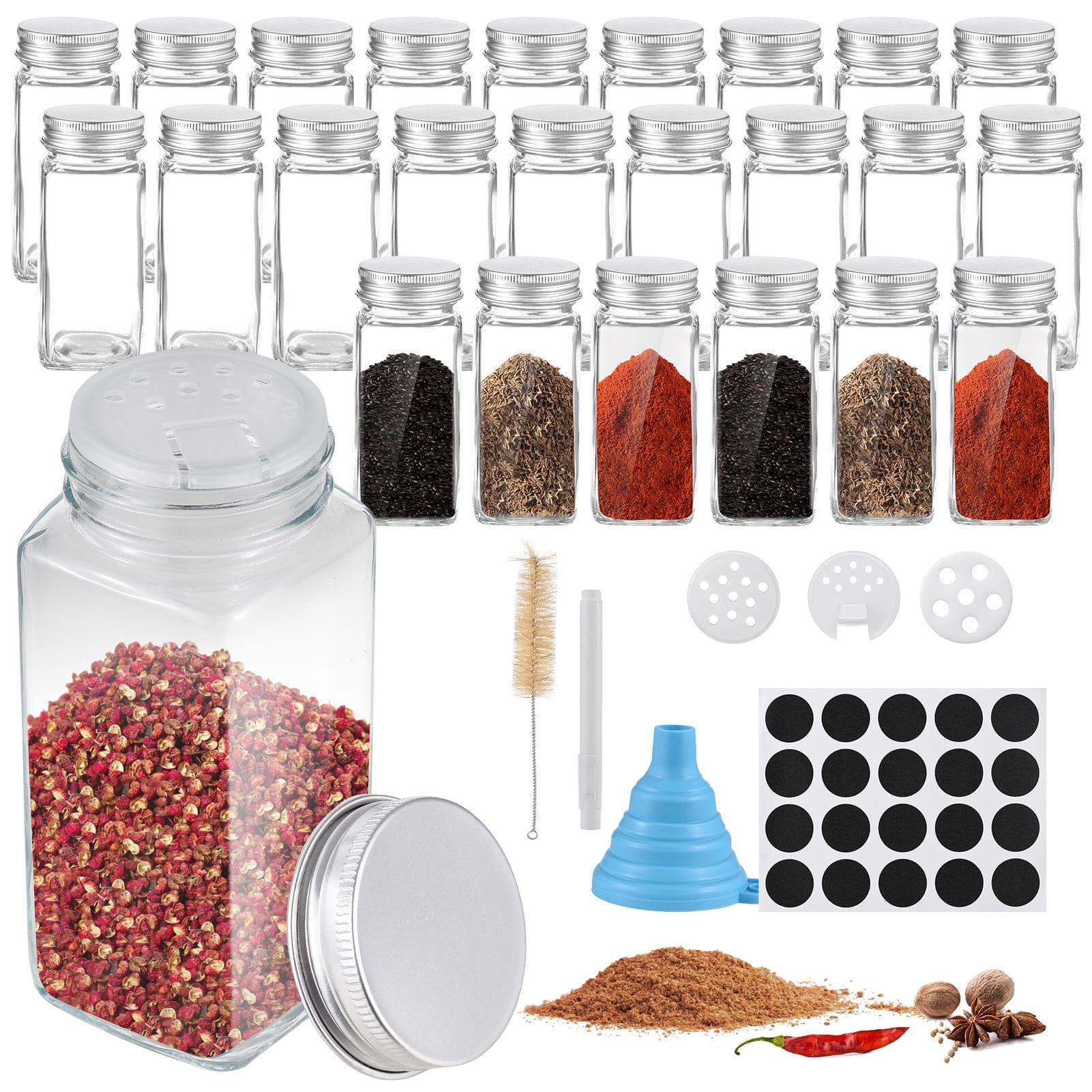 Aoresac Glass Spice Jars with Labels 24 Pcs 4 oz Empty Square Seasoning Containers Bottles with 24pcs transparent