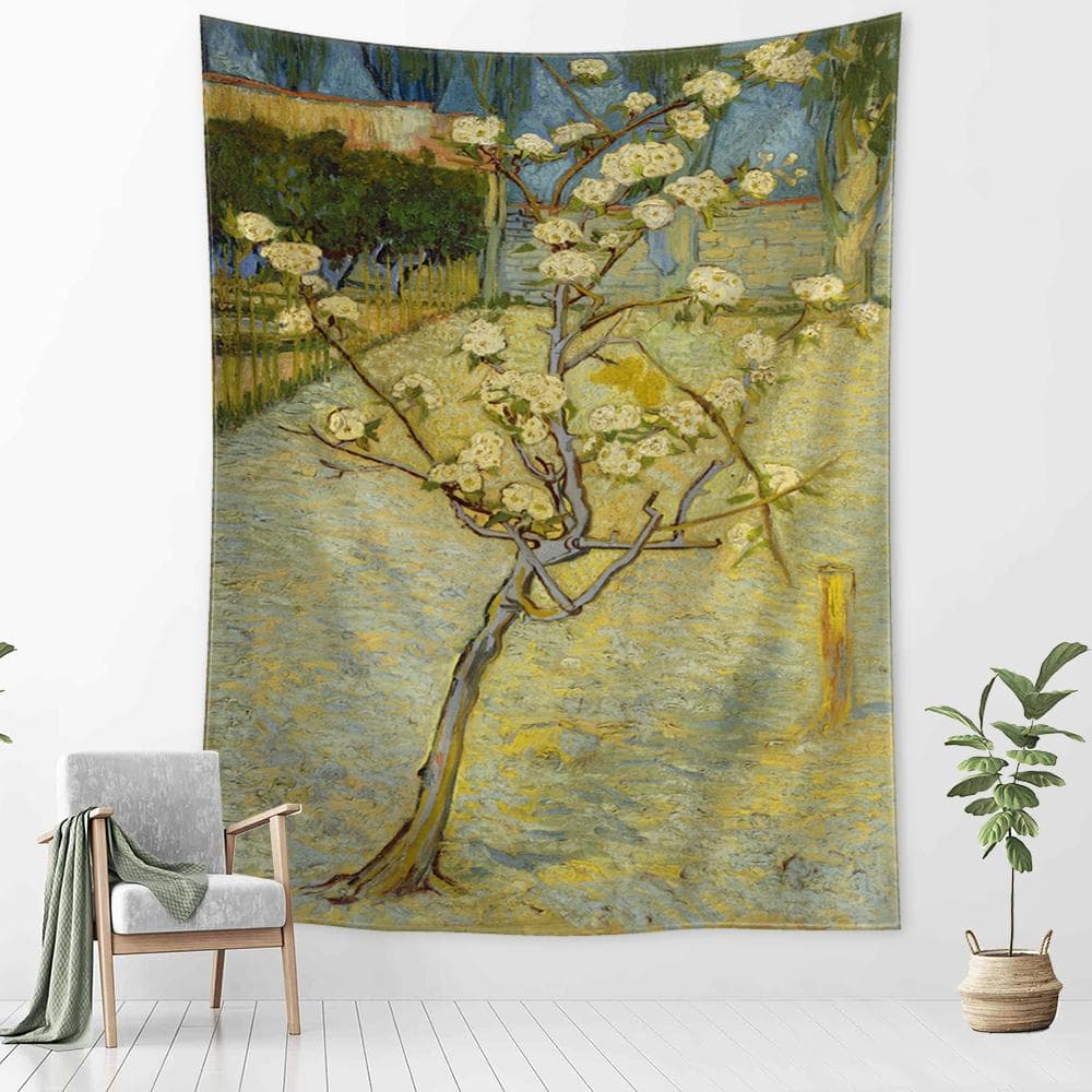 Idyllic Forest Cabin Tapestry Wall Hanging Bohemian Psychedelic Mystery Van Gogh Oil Painting Bedroom Decor 95x70cm
