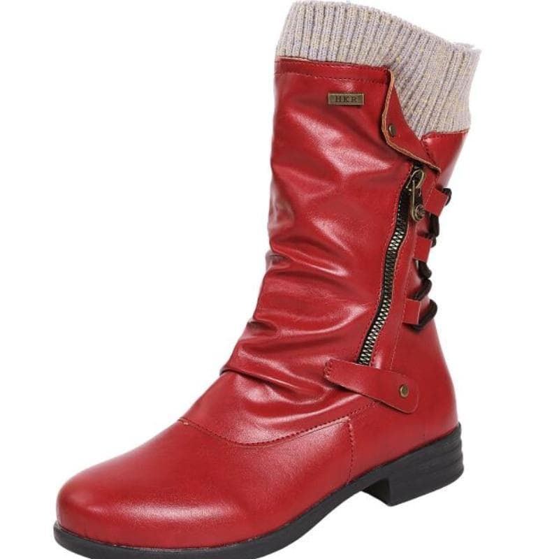 Women Mid-Calf Boots Autumn Winter Female Casual Shoes Flat Fashion Platform Round Toe Zip Solid Plus Size 35-43 41 red