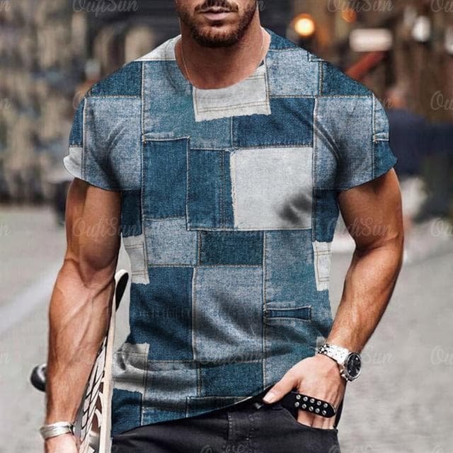 Men's T Shirt 3D Digital Patchwork Graphic Print Short Sleeve T-Shirts Comfy Casual Elastic Crew Neck Men Outdoor Activities Top L
