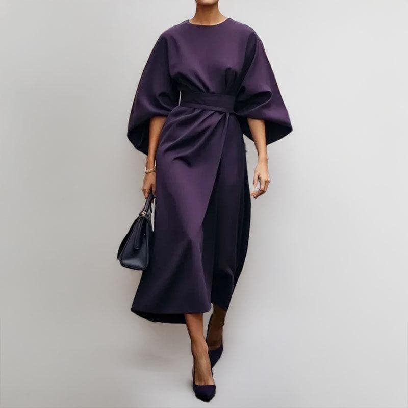 Women's Elegant and Fashionable Long Skirt Solid Color Waist-closing Round Neck Bat Sleeve Dress L