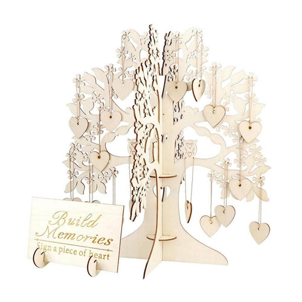 Wood Tree Frame Guest Book with Stand Unique Rustic Wedding Guest Registry with 100pcs Wooden Hearts