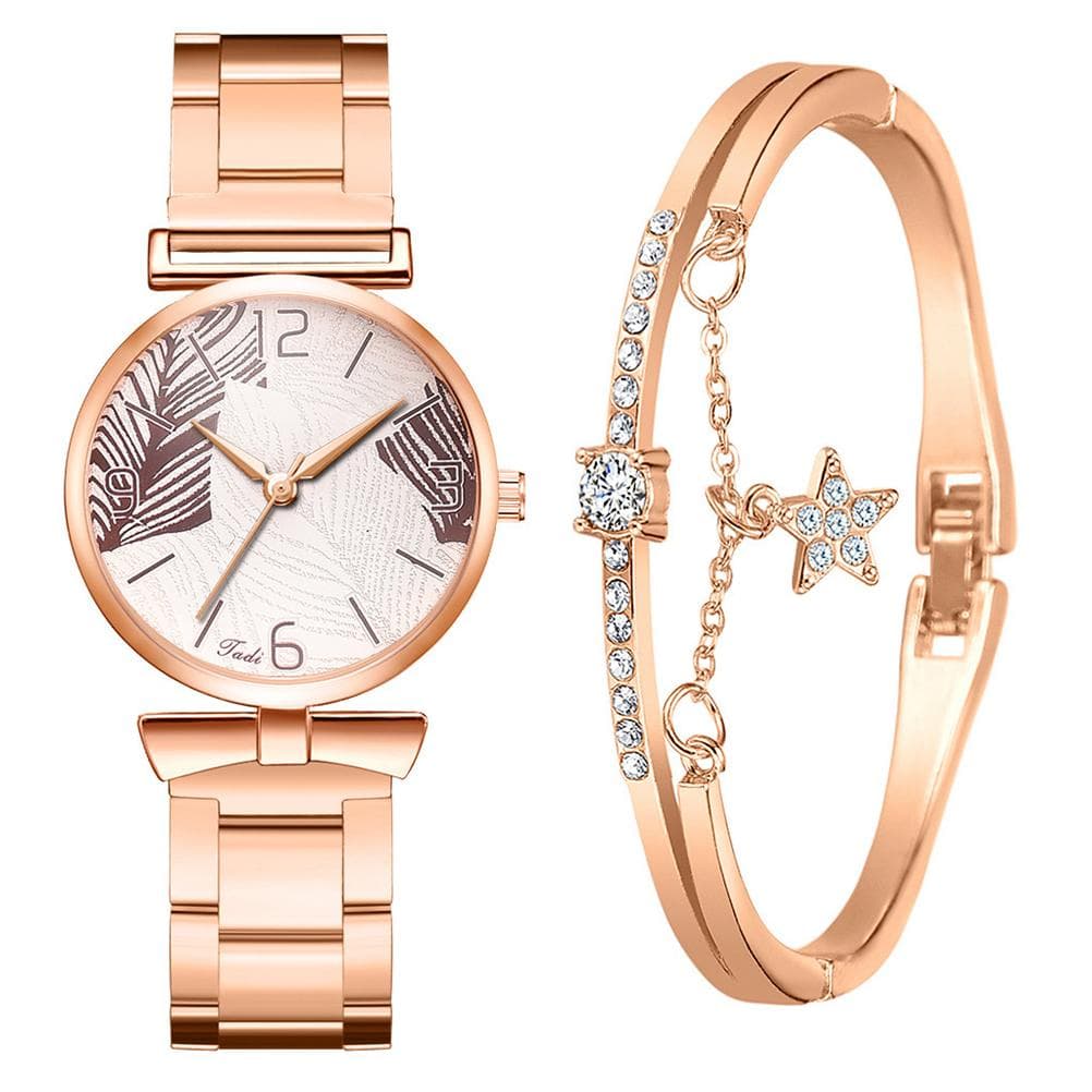 Fashionable Women Watches Bracelet Box Set Leaf Dial Clock Women Wrist Watches Star Bracelet coffee