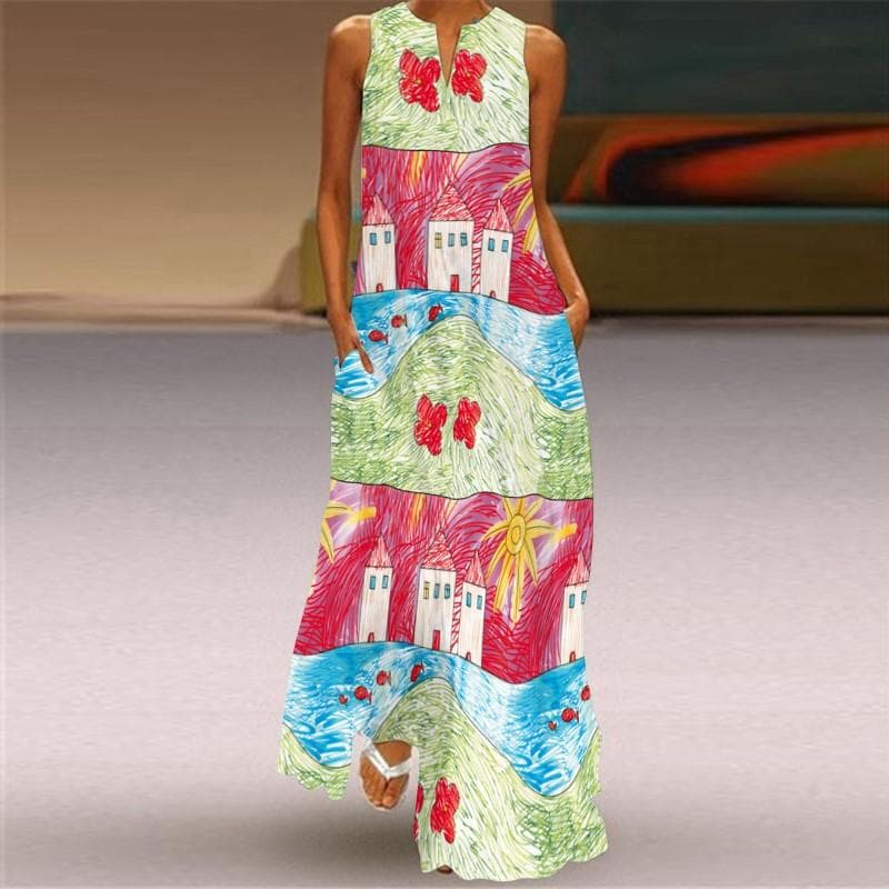 Summer Women's Dress Sleeveless Dress V-neck Print Dress XXL