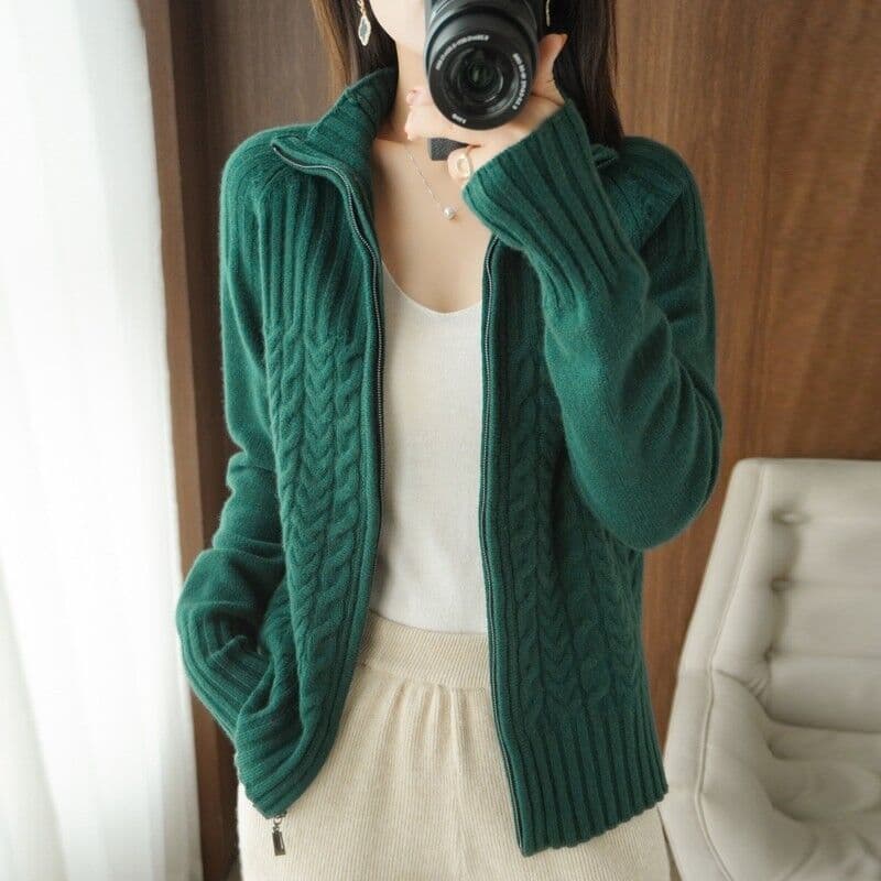 Cardigan Zipper Jacket Women's New Temperament Warm Long Sleeve Loose Sweater Autumn and Winter L green
