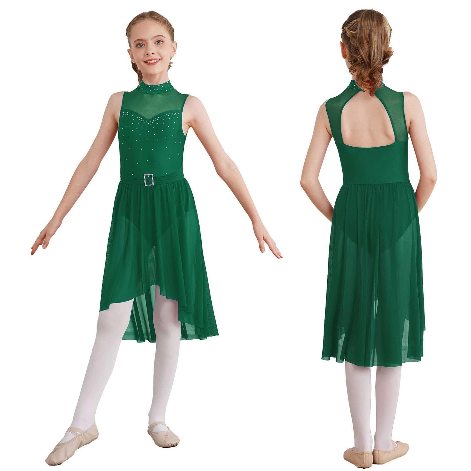 Girl's Sleeveless Gymnastics Leotard Ballet Lyrical Dance Dress Ballroom Dancing Performance Costume 13-14 Years green