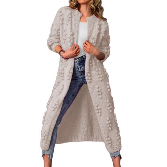 Knitted Coat Jacquard Decor Coldproof Skin-Touch Solid Color Long Sweater Knit Overcoat Female Knitwear Daily Wear L apricot