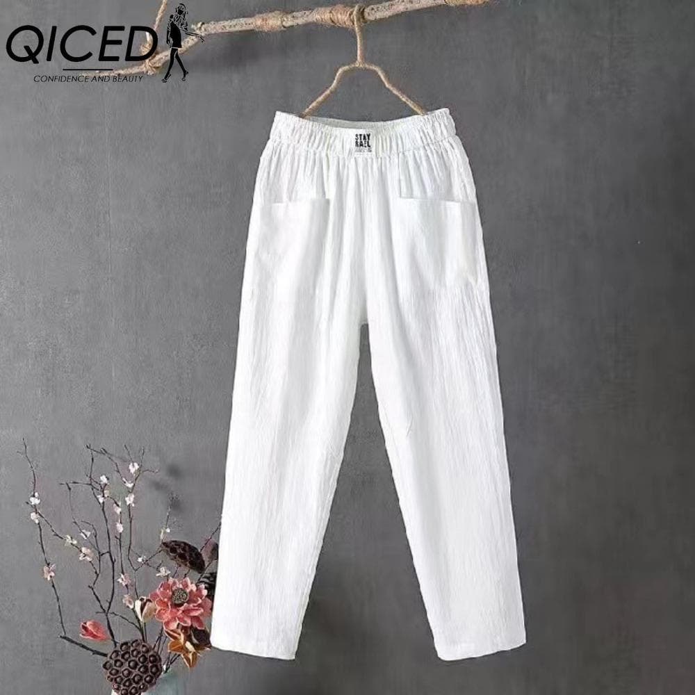 QICED Summer Women Trousers Casual Cotton Linen Pants Loose Straight Trousers Nine Point Harem Pants XXXXXL white