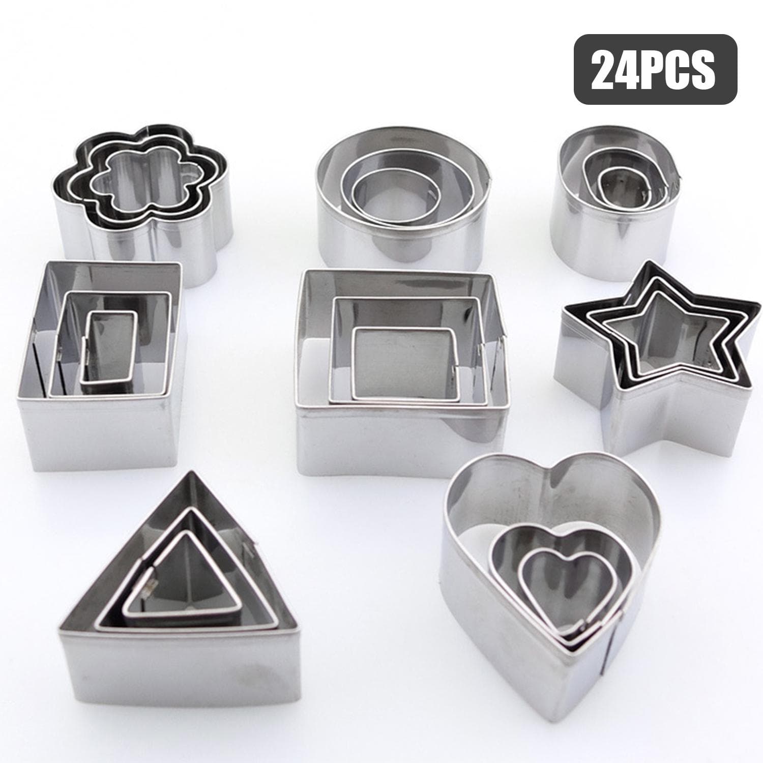 24PCS Cookie Cutters Set Stainless Steel Polygon Shape Biscuit Bread Fondant Cutters Mousse Cake silver