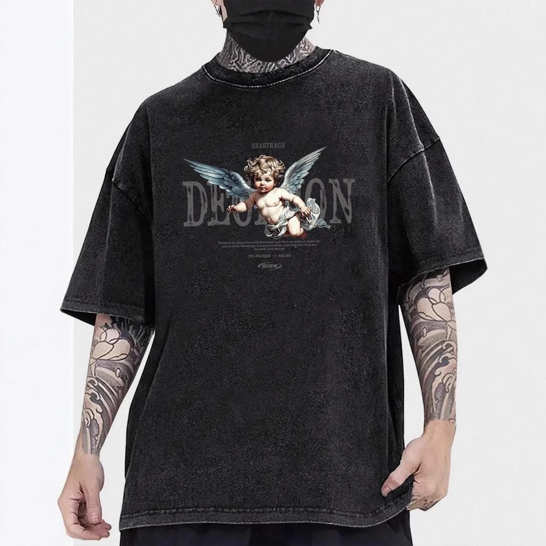 Summer Men's Loose Heavy T-shirt Short-sleeved Retro Old Hip-hop Street Casual Cartoon Printed Top XXXL