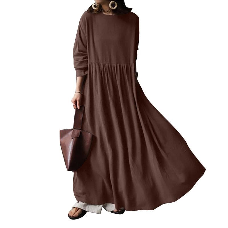 ZANZEA Women Casual Long Sleeve O-neck Loose Cotton Plain Long Dress coffee