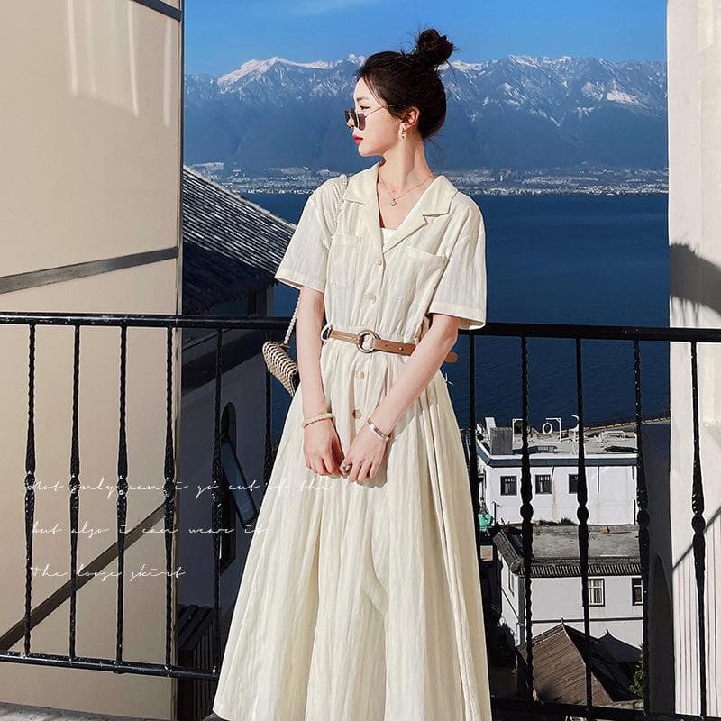 Women's Gentle Style Dress Women's Summer Hepburn Long Skirt Waist Slimming Shirt Skirt Cotton and Linen Tea Break Skirt XL