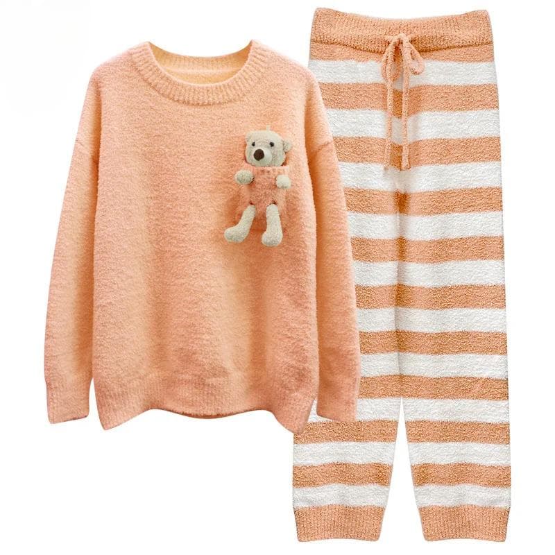 Age-reducing Temperament Sweet Soft Pajamas Women's Autumn and Winter Striped Doll Bear Home Clothes.Can Be Worn Outdoors One Size orange