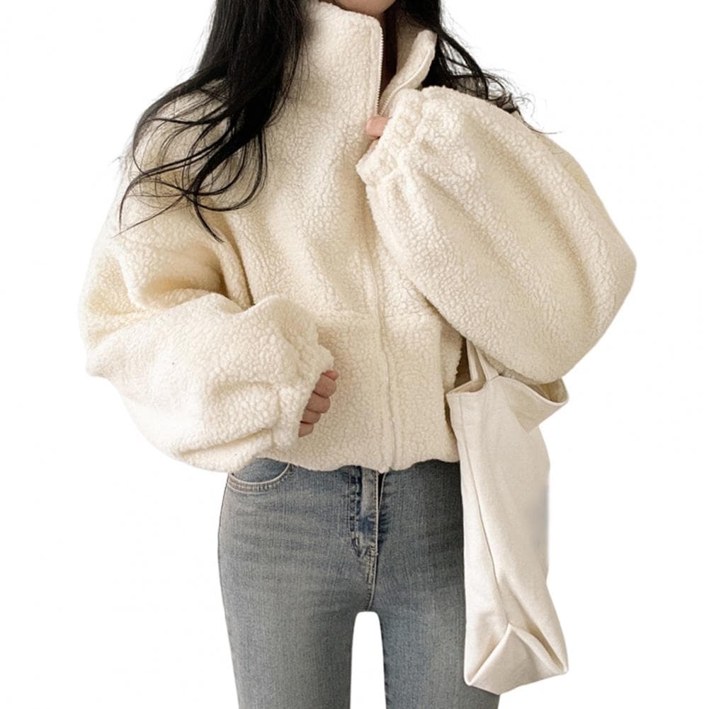 Winter Women Jacket Thick Fleece Stand Collar Zipper Closure Long Sleeves Warm Windproof Heat Retention Outdoor Coat M apricot