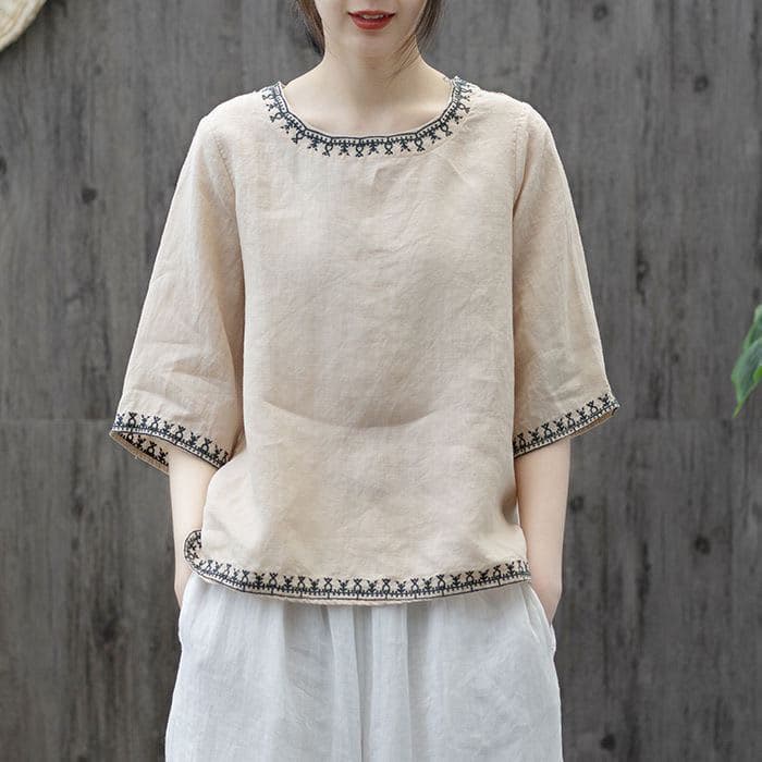 Literary Vintage Cotton Solid Color Embroidery Crewneck Five-point Sleeve T-shirt Summer Large Size Loose Top for Women 3XL beige