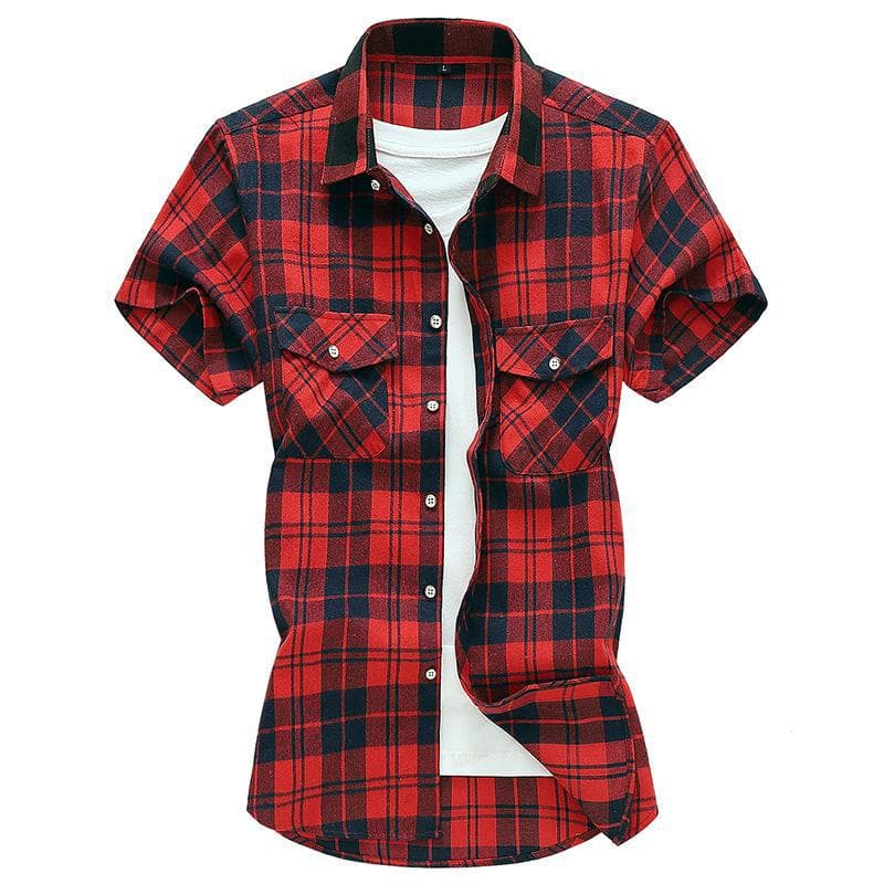 2023 Men's Plaid Casual Short Sleeve Shirt with Double Pockets - Summer Fashion, Large Size 3XL black/red