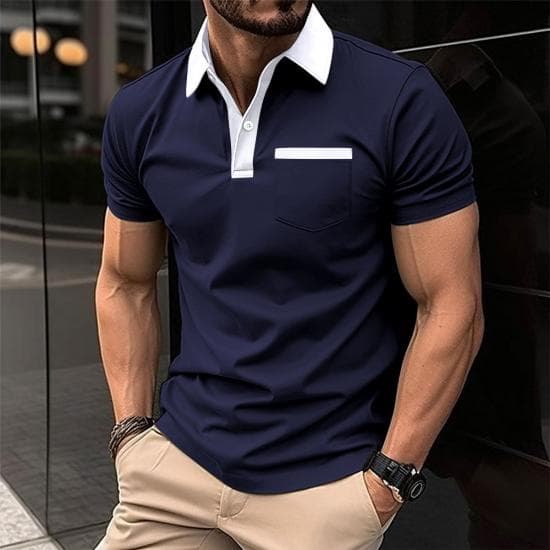 2024 Spring Summer Men Polo Shirt Short Sleeve Polo Shirts Contrast Color Polo New Clothing Streetwear Casual Fashion Men Tops L navy blue