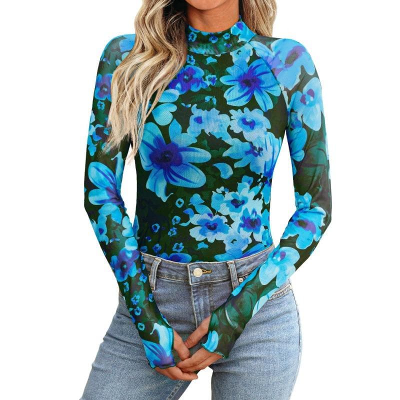 Women's Autumn Floral Mesh Round Neck Long Sleeve Mesh with Thumbhole Fashion Bottom Shirt Top M blue