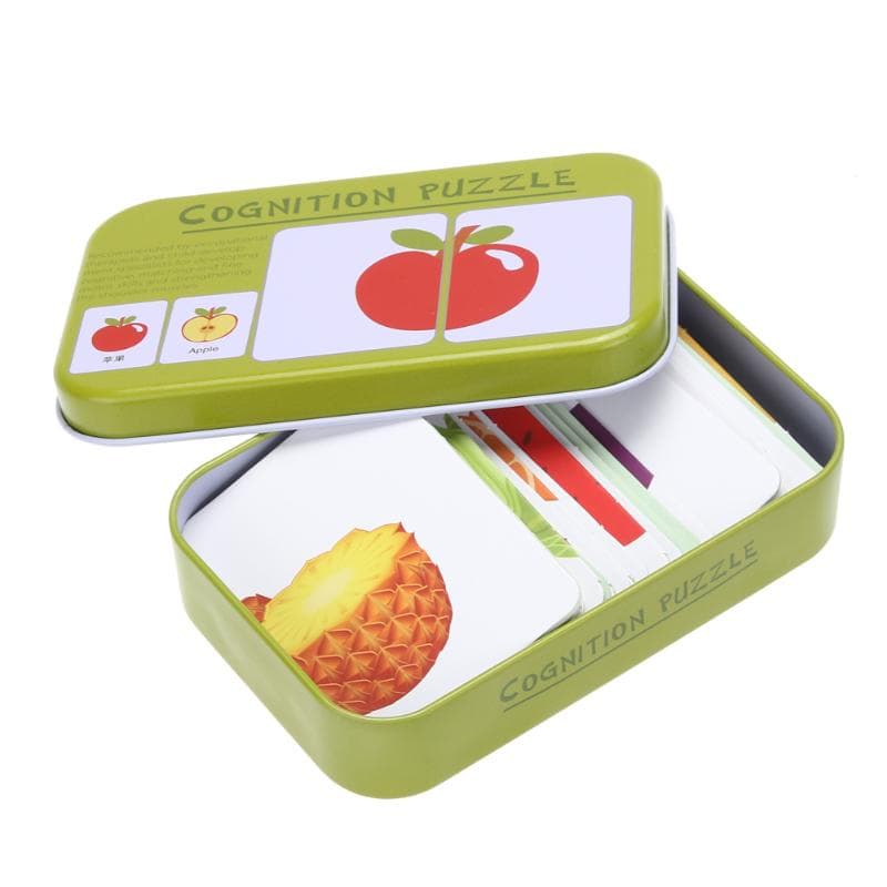 32PCS Baby Cognition Puzzles Toys Toddler Iron Box Cards Matching Game Cognition Cards Vehicle Fruit Animal Life Sets Pair Puzzles green