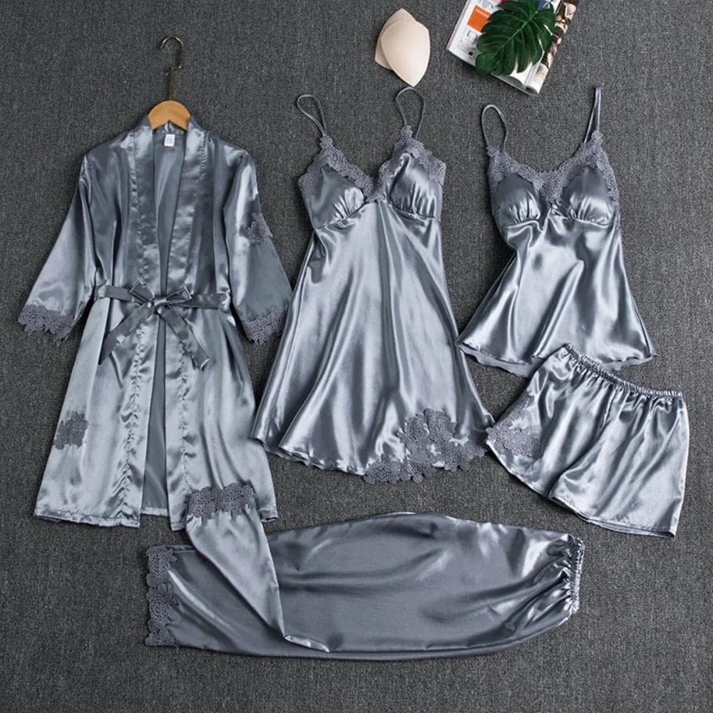 5PC Silk Robe Sleep Suit Womens Lace Satin Pajamas Gown Set V-Neck Cami Nighties Wear Pijama Home Nightwear Spring Nightdress S