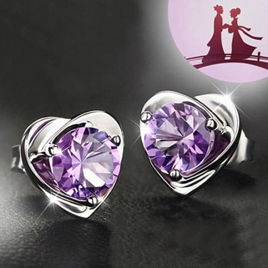 Women Love Heart Purple Rhinestone Silver Plated Ear Studs Earrings