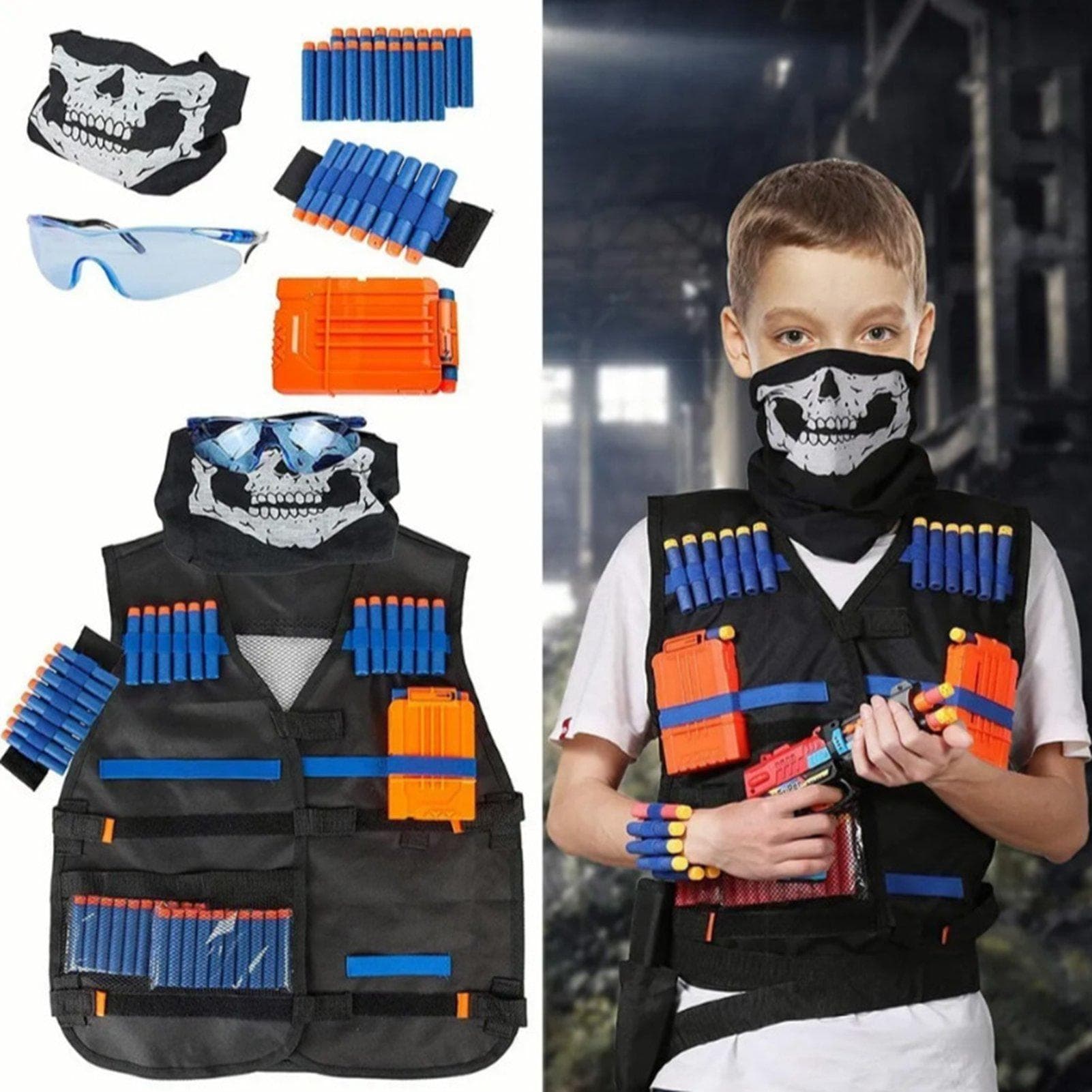 Kids Military Vest Kit Shooting Refill Darts and 6 Dart Reload Clips Protective Glasses Face Cover