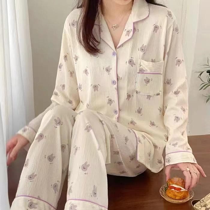 Women's Pajamas Autumn Spring Long Sleeve Soft Sleepwear Set Grid Floral Cartoon Pyjama Woman Home Nightwear Set Cardigan XXL