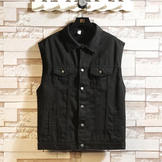 2024 New Denim Vest Men Sleeveless Denim Jacket Casual Waistcoat Men Solid Color Jean Coat Male Streetwear Mens Clothing M black