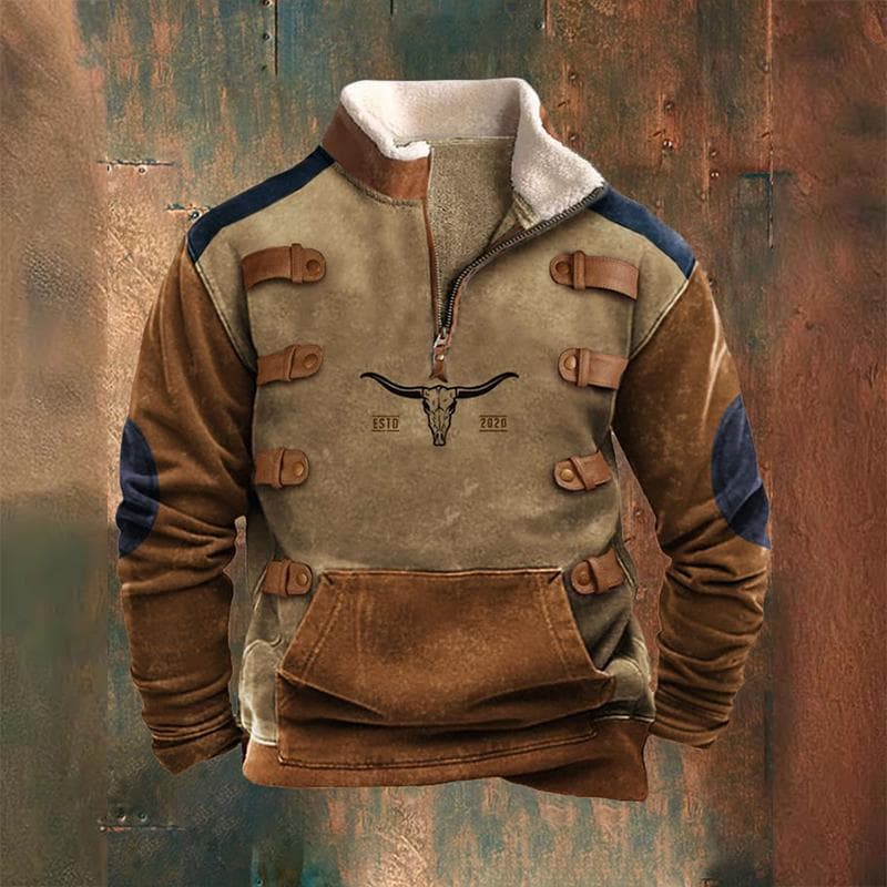 Mens Winter Vintage Print Fleece Collar Long Sleeved Stand Collar Warm Athletic Jackets S khaki/brown