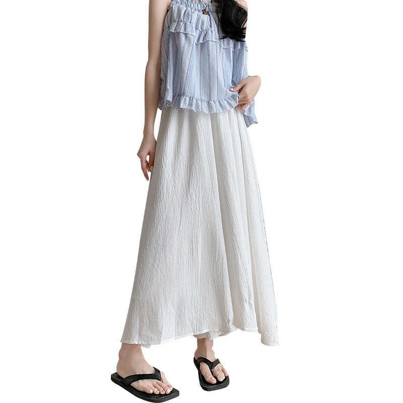 White Skirt and Pants for Women In Summer Thin Ice Silk Small Floating Pleated A-line Skirt High Waist Drooping Wide-leg Pants L