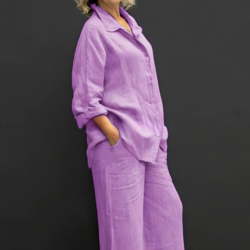 Women Linen Casual Shirt 2 Pieces Set Fashion Lapel Long Sleeve Button Blouse And Trousers Outfits Loose Wide Leg Pants Suits XXXL purple