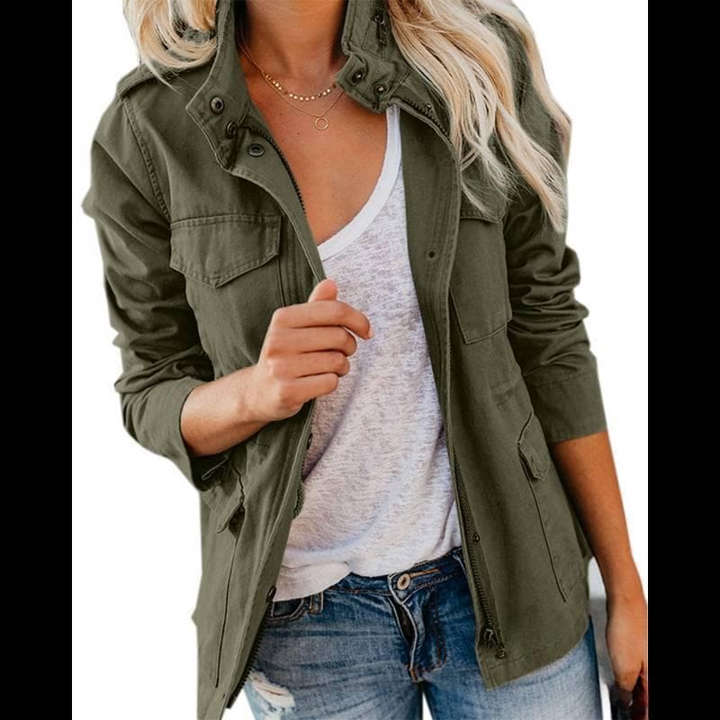 Spring and Autumn Slim Fashion Trend Solid Color Loose Korean Version Zipper Multi-Pocket Jacket Women's Jacket 4XL