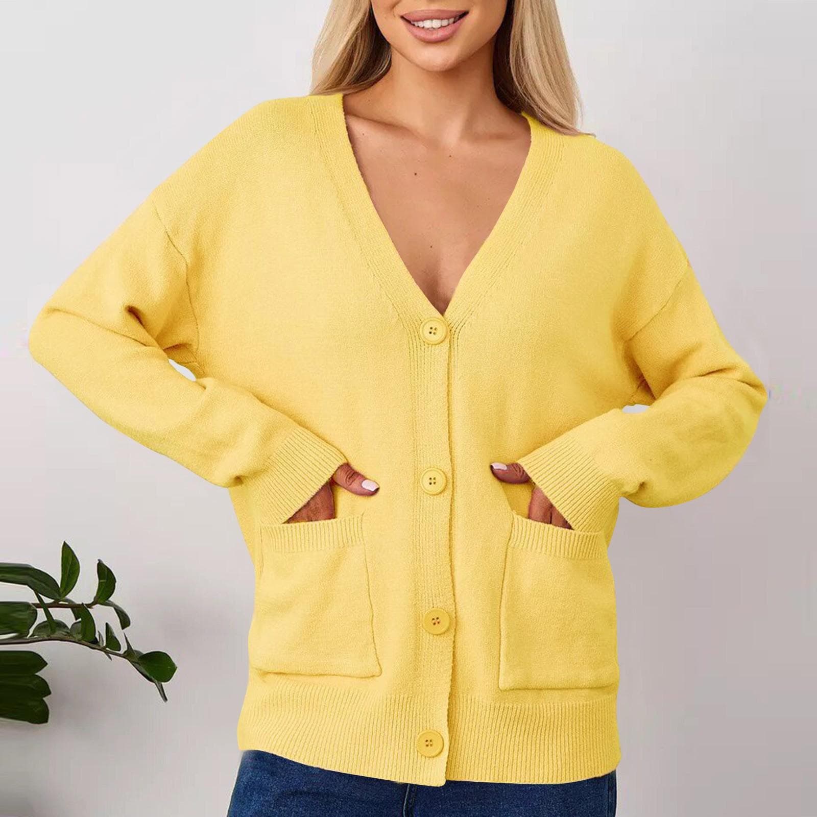 Women's Solid Color Casual Cardigan Sweater With Pockets For Women's Coat XL yellow