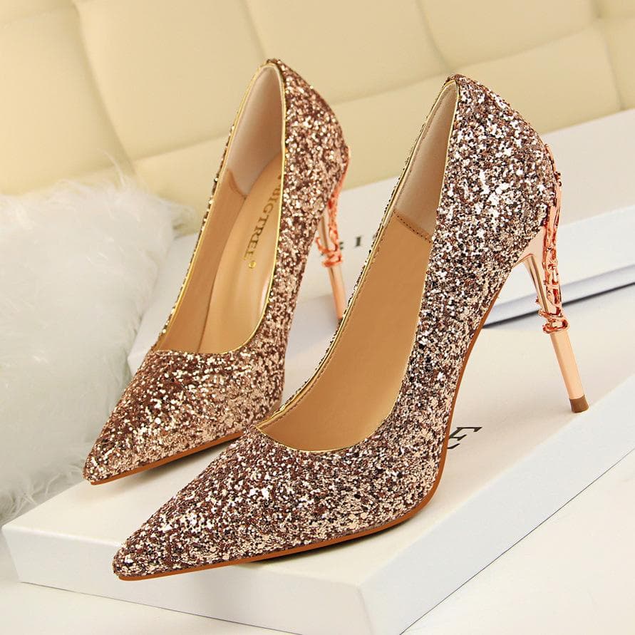 BIGTREE Women's Fashion Sexy Metal Heel Thin Heel High Heel Shallow Mouth Pointed Sequin Shoes 40 champagne