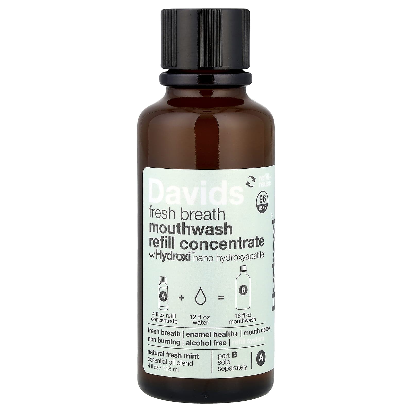 Davids, Breath Clearing Mouthwash Refill Concentrate, Natural Fresh Mint, 4 fl oz (118 ml)