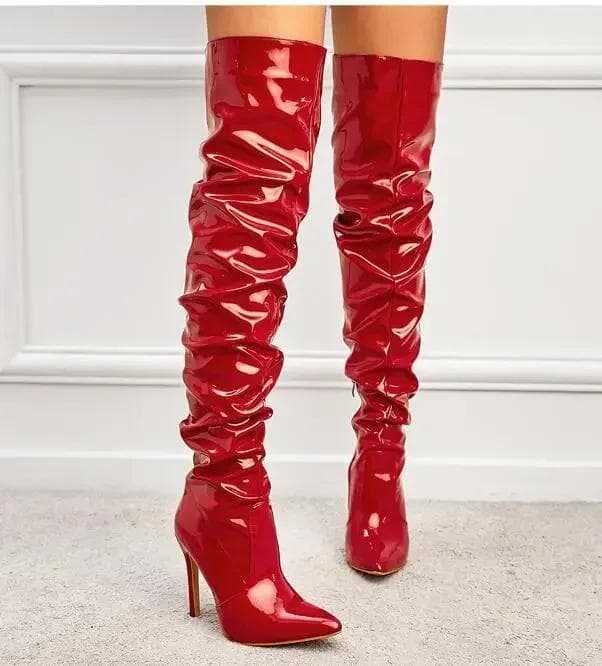 Fashion Over-the-knee Boots Women Fashion Pointed Toe Black Side Zipper Thin High Heels Female Shiny Pleated High Heel Botas 2024 40 red