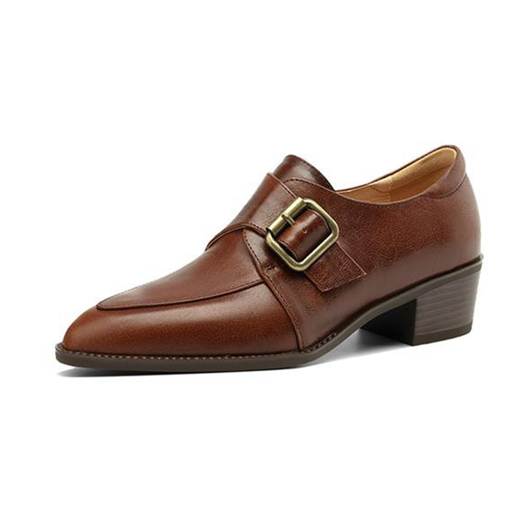 Krazing Pot Cow Leather Round Toe Thick Med Heels Spring Shoes Brogues Big Size 43 Slip on Square Buckle Women Pumps 38 brown