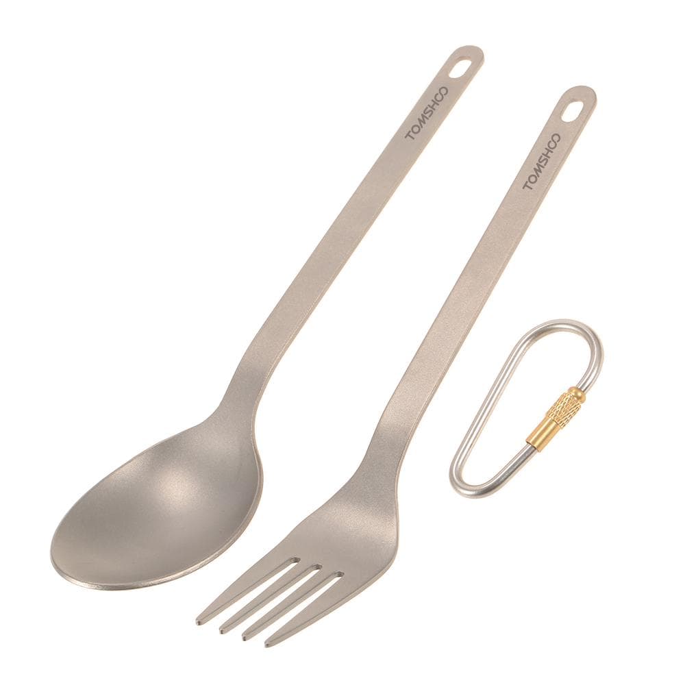 TOMSHOO Titanium Tableware Dinner Frok Spoon Cutlery Set Flatware with Carabiner Storage Sack for Fork & Spoon