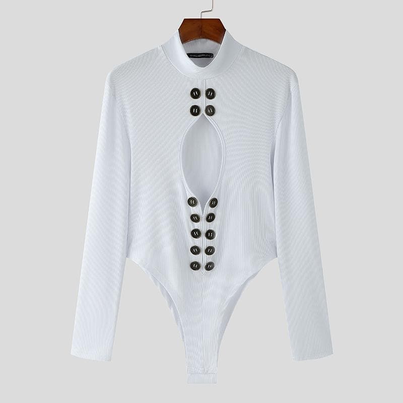 INCERUN Men Mockneck Hollow Long Sleeve Skinny Jumpsuits Bodysuits 4XL white