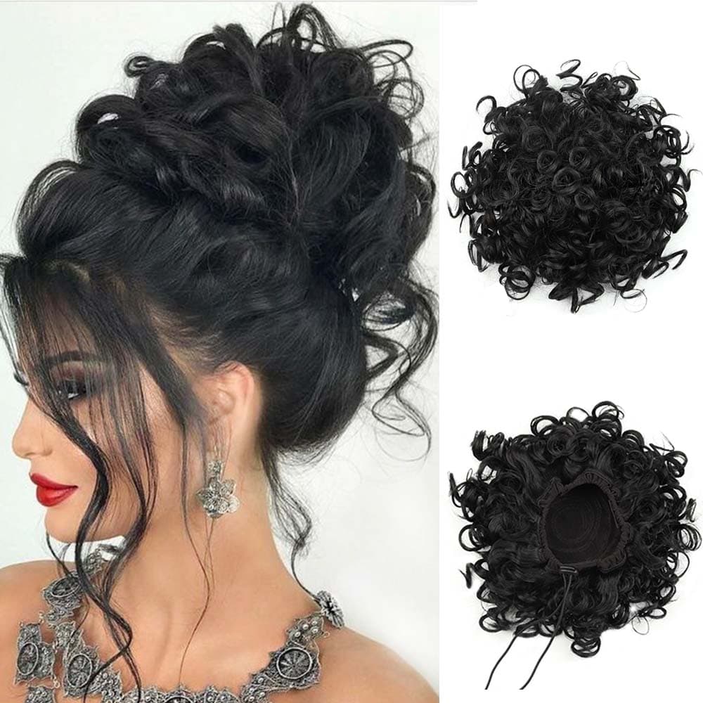 Miss Wig Synthetic Messy Bun Hair Piece 60g Elastic Drawstring Loose Curly Hair Buns Hair Piece Extensions For Women Black 25cm