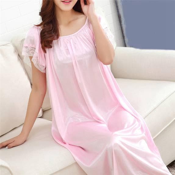 Women Soft Comfortable Satin Lace Sleepwear Nightgown Solid Color Silk Nightdress One Size light pink