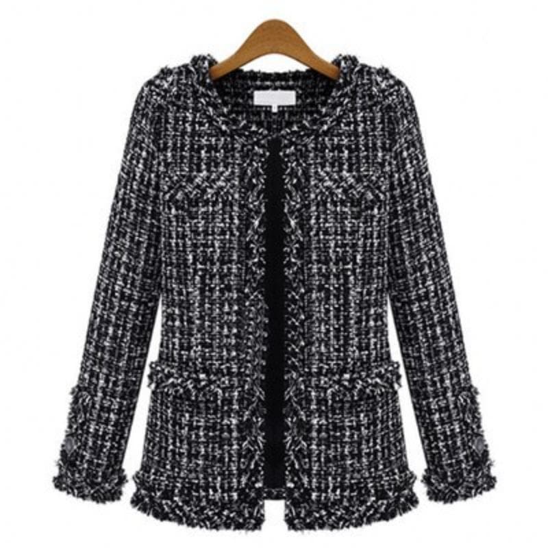 Xiaoxiangfeng Same Style Autumn and Winter Short Coat Black and White Plaid Women's Large Size Slim Fit 4XL