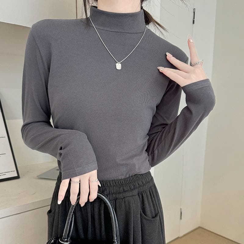 White Semi-turtleneck Bottoming Shirt Women's Spring and Autumn New Loose Inner Slim Long-sleeved T-shirt Comfortable Top XL dark gray