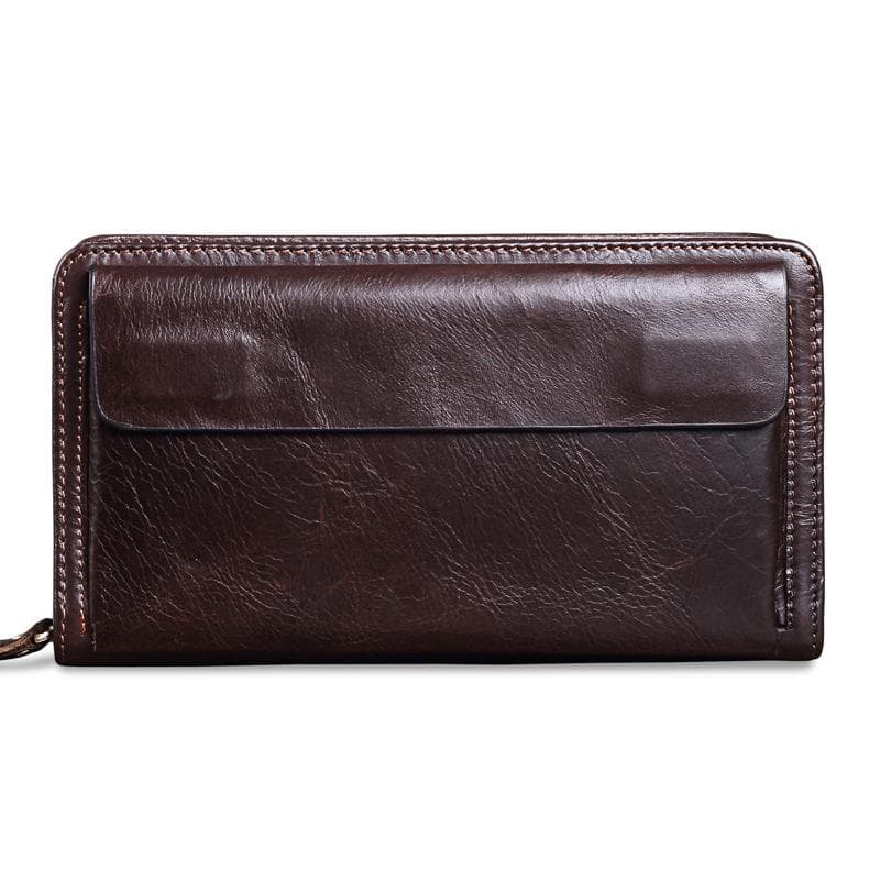 MISFITS Cowhide Men Clutch Wallets Genuine Leather Long Purses Business Large Capacity Wallet Double Zipper Phone Bag For Male brown