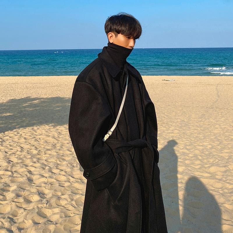 Woolen Coat Men's Autumn and Winter Mid-length Loose Knee-length Windbreaker Korean Style British Thick Woolen Coat 2XL