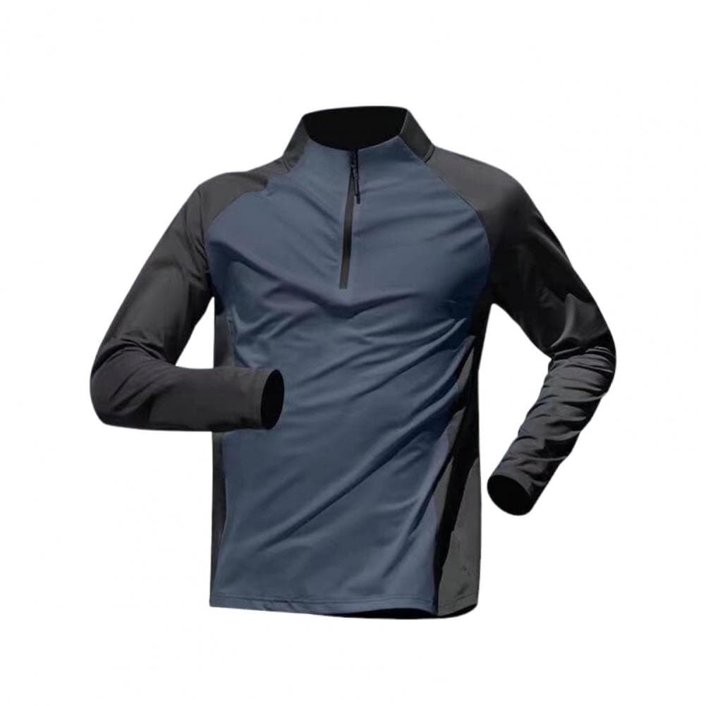 Men Summer Sports T-shirt Half Zipper Stand Collar Contrast Color Long Sleeves Loose Casual Soft Breathable Mid Length Men Daily M grey
