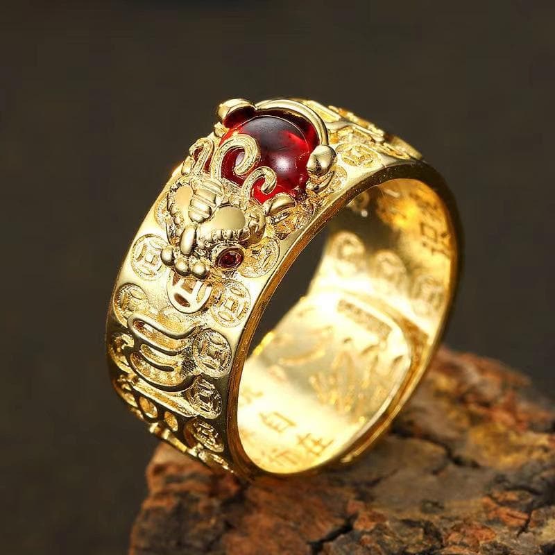 Vintage Thai Silver Lucky Transfer Pixiu Ring for Men and Women, Gold Garnet Tide Six-character Mantra Opening Rings Opening adjustable