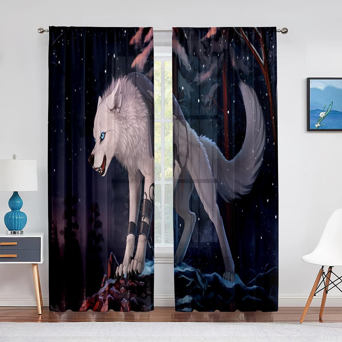 Forest Animal Wolf Fantasy Sky Pattern Tulle Curtains for Living Room Bedroom Decorations Kitchen Window Sheer Voiles Curtain 1 PCS W100XH250cm&Grommet Top